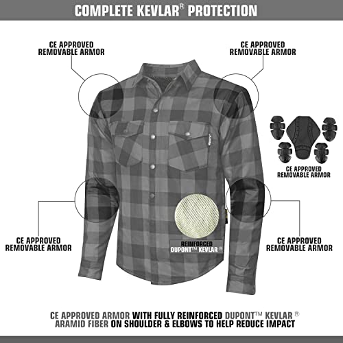 Riparo Motorcycle Riding Work Shirt for Men Long Sleeve Flannel Armored Shirt with Kevlar and CE Removable Protectors (Medium, Grey/Black)