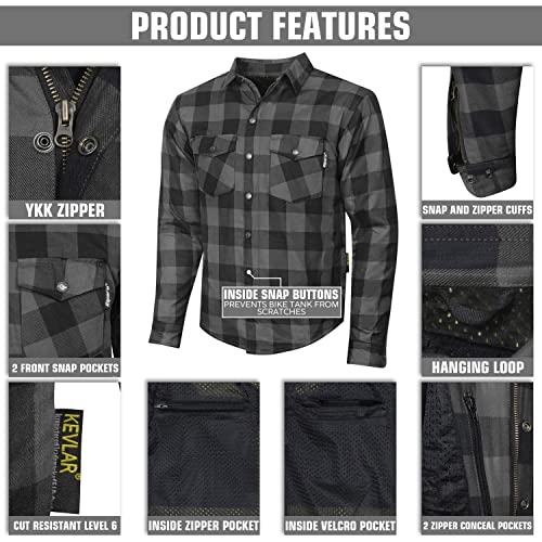 Riparo Motorcycle Riding Work Shirt for Men Long Sleeve Flannel Armored Shirt with Kevlar and CE Removable Protectors (Medium, Grey/Black)