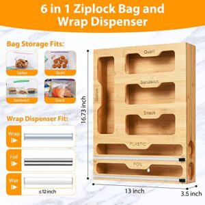 INHOTBY Foil and Plastic Wrap Organizer,Bamboo Ziplock Bag Organizer,6 in 1 Aluminum Foil Dispenser with Cutter,Tin Foil Baggie Organizer for Drawer,Kichen Aluminum Foil Organization and Storage