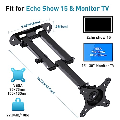 Mount for Echo Show 15, Letlar Wall Mount Bracket for Amazon Echo 15 and 15"-30" Monitor TVs, Rotation Tilt Swivel and Extend up to 16", Mounting Bracket with Heavy Duty Arm Holds up to 22lbs