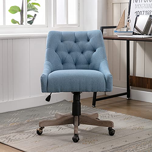 HomSof Modern Mid-Back Desk, Adjustable Height Swivel Home Office, Accent Chair with Wheels and Wood Base, Linen, Blue