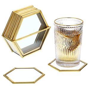 juxyes set of 7 glass coasters with holder, gold elegant cup coasters set for coffee tea wine, square brass edge glass cups mats coasters for coffee table (hexagon)