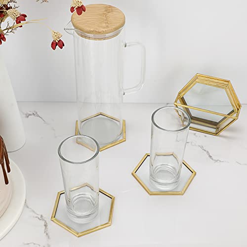 JuxYes Set of 7 Glass Coasters with Holder, Gold Elegant Cup Coasters Set for Coffee Tea Wine, Square Brass Edge Glass Cups Mats Coasters for Coffee Table (Hexagon)