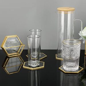 JuxYes Set of 7 Glass Coasters with Holder, Gold Elegant Cup Coasters Set for Coffee Tea Wine, Square Brass Edge Glass Cups Mats Coasters for Coffee Table (Hexagon)