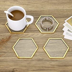 JuxYes Set of 7 Glass Coasters with Holder, Gold Elegant Cup Coasters Set for Coffee Tea Wine, Square Brass Edge Glass Cups Mats Coasters for Coffee Table (Hexagon)