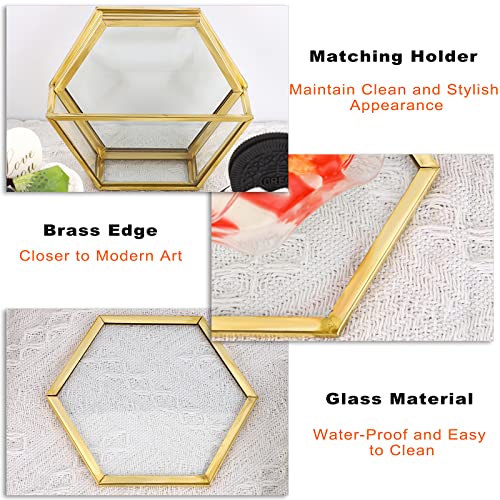 JuxYes Set of 7 Glass Coasters with Holder, Gold Elegant Cup Coasters Set for Coffee Tea Wine, Square Brass Edge Glass Cups Mats Coasters for Coffee Table (Hexagon)