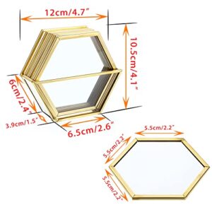 JuxYes Set of 7 Glass Coasters with Holder, Gold Elegant Cup Coasters Set for Coffee Tea Wine, Square Brass Edge Glass Cups Mats Coasters for Coffee Table (Hexagon)