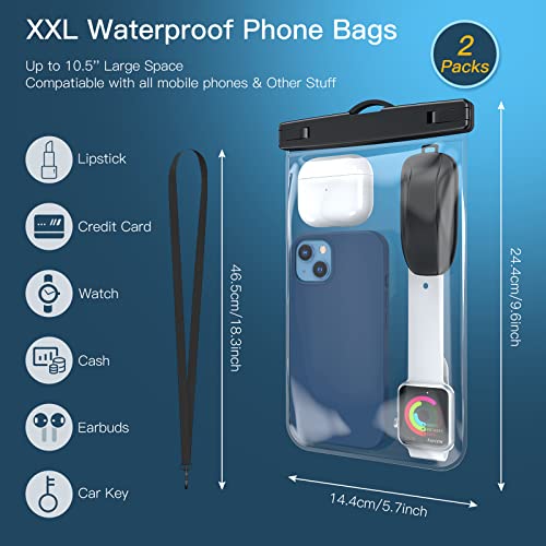 MATEPROX Large Waterproof Phone Pouch for Swimming, IPX8 Universal Waterproof Phone Case Up to 10.5" for Beach, 2 Pack Phone Waterproof Bag for iPhone 13 12 11 X Pro Max Galaxy S22 Ultra(Black)
