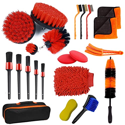 Netzu Car Detailing Brush Set, 22Pcs Car Wash Brush Set with Wheels Brush, Tire Cleaning, Car Interior Detailing kit, Drill Brush Set, Rim Brush, Storage Bag