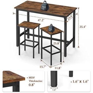 Mr IRONSTONE Bar Table and Chairs Set, 47.2 Inch Bar Table Set, Bar Height Table with 2 Bar Stools, 3 Pieces Industrial Dinning Table Sets for Party, Kitchen, Living Room, Dining Room