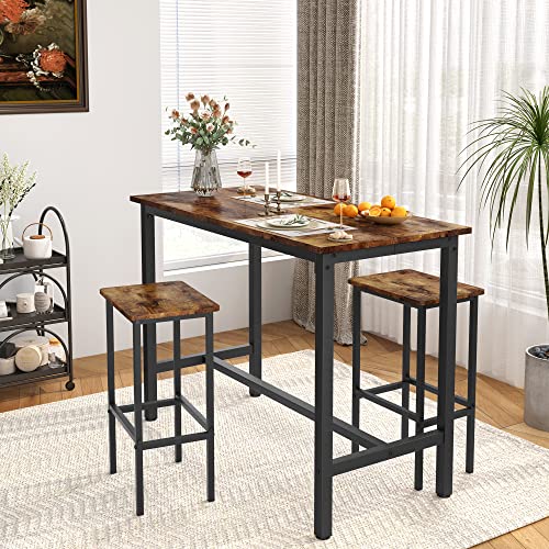 Mr IRONSTONE Bar Table and Chairs Set, 47.2 Inch Bar Table Set, Bar Height Table with 2 Bar Stools, 3 Pieces Industrial Dinning Table Sets for Party, Kitchen, Living Room, Dining Room