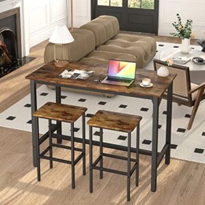 Mr IRONSTONE Bar Table and Chairs Set, 47.2 Inch Bar Table Set, Bar Height Table with 2 Bar Stools, 3 Pieces Industrial Dinning Table Sets for Party, Kitchen, Living Room, Dining Room