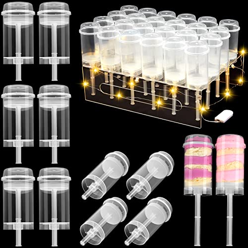 30 Hole Push Pop Cake Stand and 30 Packs Push up Cake Pop Shooter Plastic Pop Containers Cake Pop Holder with LED Lights for Halloween Wedding Candy Ice Cream Dessert Display (Square)