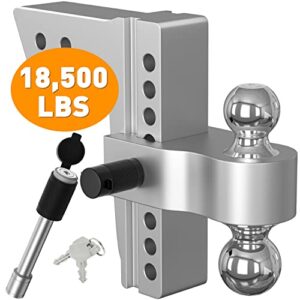 adjustable trailer hitch, fits 2.5 inch receiver, 8 inch drop hitch, 18,500 lbs gtw, aluminum forged shank, 2 inch & 2-5/16 inch balls, towing hitch for heavy duty truck with double lock pins