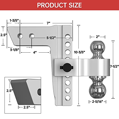 Adjustable Trailer Hitch, Fits 2.5 Inch Receiver, 8 Inch Drop Hitch, 18,500 LBS GTW, Aluminum Forged Shank, 2 Inch & 2-5/16 Inch Balls, Towing Hitch for Heavy Duty Truck with Double Lock Pins