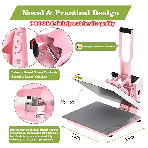 O BOSSTOP Upgrade Clamshell Heat Press 15x15,DIY Digital Industrial-Quality Sublimation Heat Press Machine for T- Shirt Printing,Rhinestone HTV Vinyl Heat Press for Home Use,Businessman(CE/ROHS,Pink)