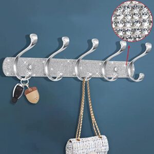 blackfish coat rack wall mount,shiny silver rhinestones wall mounted coat rack 5 hooks,key hooks decorative for wall,double coat hook wall hook rack suitable for coat hat towel purse robes（1 pcs