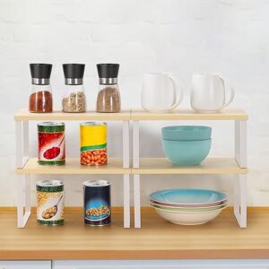 YBING Counter Shelf Set of 4 Kitchen Cabinet Shelf Organizer Wood Stackable & Expandable Countertop Shelf Organizer Rack for Bathroom Pantry Racks White