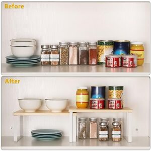 YBING Counter Shelf Set of 4 Kitchen Cabinet Shelf Organizer Wood Stackable & Expandable Countertop Shelf Organizer Rack for Bathroom Pantry Racks White