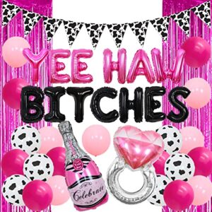 western bachelorette party decorations, hot pink and black yeehaw bitches balloon cow print pennant banner, cowgirl nashville bridal shower supplies