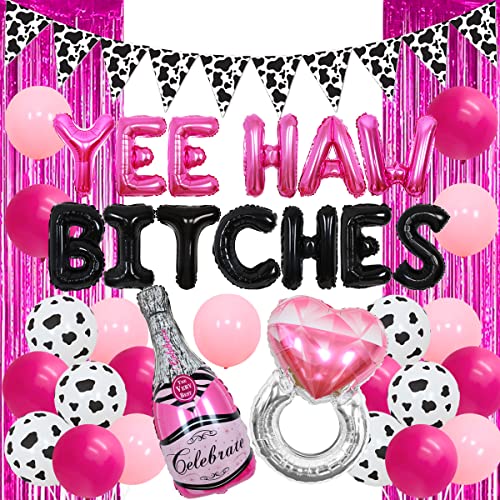 Western Bachelorette Party Decorations, Hot Pink and Black Yeehaw Bitches Balloon Cow Print Pennant Banner, Cowgirl Nashville Bridal Shower Supplies