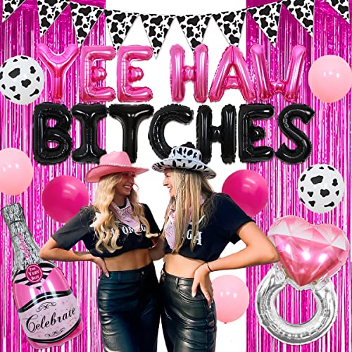 Western Bachelorette Party Decorations, Hot Pink and Black Yeehaw Bitches Balloon Cow Print Pennant Banner, Cowgirl Nashville Bridal Shower Supplies