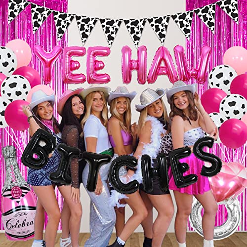 Western Bachelorette Party Decorations, Hot Pink and Black Yeehaw Bitches Balloon Cow Print Pennant Banner, Cowgirl Nashville Bridal Shower Supplies