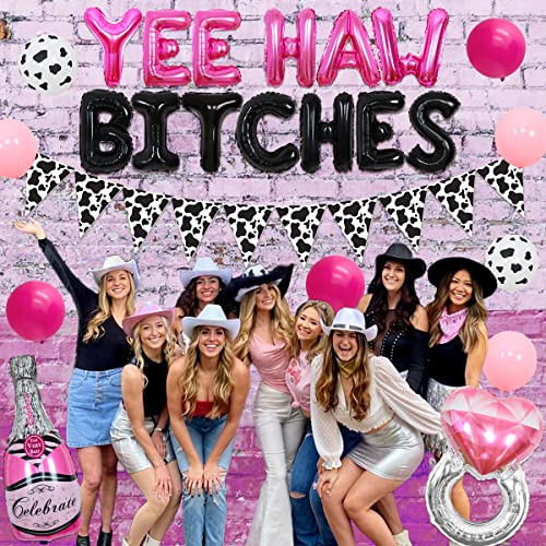 Western Bachelorette Party Decorations, Hot Pink and Black Yeehaw Bitches Balloon Cow Print Pennant Banner, Cowgirl Nashville Bridal Shower Supplies