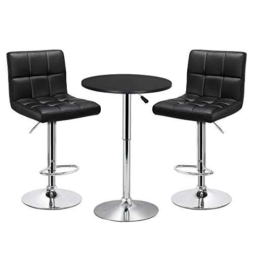 Yaheetech 3-Piece Bar Table Set, Round Bar Table and PU Leather Adjustable Swivel Armless Chairs, Modern Counter Height Table Set with 2 Bar Stool for Kitchen, Black