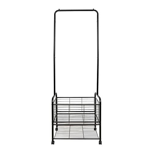 Fishat Metal Rolling Laundry Hamper Butler Cart Basket with Hanging Garment Rack, Storage Organizer with Rack on Wheels Mobile (Black)