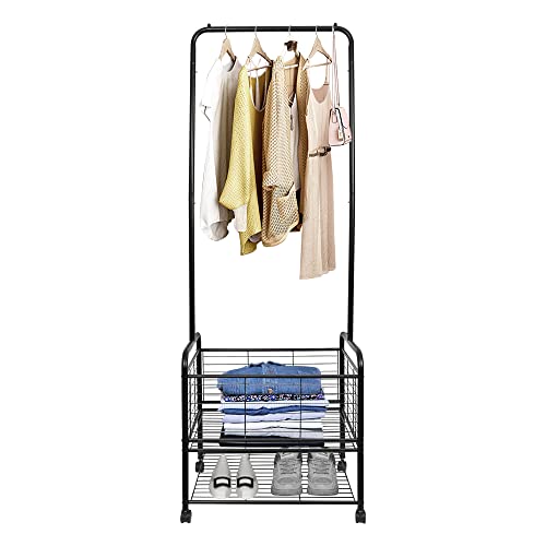 Fishat Metal Rolling Laundry Hamper Butler Cart Basket with Hanging Garment Rack, Storage Organizer with Rack on Wheels Mobile (Black)