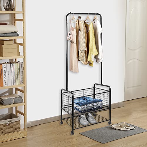 Fishat Metal Rolling Laundry Hamper Butler Cart Basket with Hanging Garment Rack, Storage Organizer with Rack on Wheels Mobile (Black)