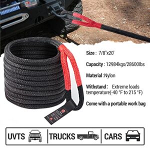 Kinetic Tow Rope Recovery Strap 20 ft x 7/8 in, 28600lbs Off-Road Kinetic Recovery Tow Rope for Truck Heavy Duty Elastic Snatch Ropes Towing Gear for Most Vehicles