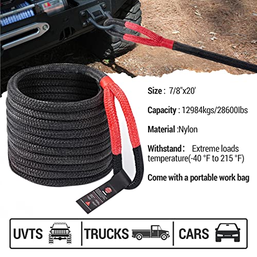 Kinetic Tow Rope Recovery Strap 20 ft x 7/8 in, 28600lbs Off-Road Kinetic Recovery Tow Rope for Truck Heavy Duty Elastic Snatch Ropes Towing Gear for Most Vehicles