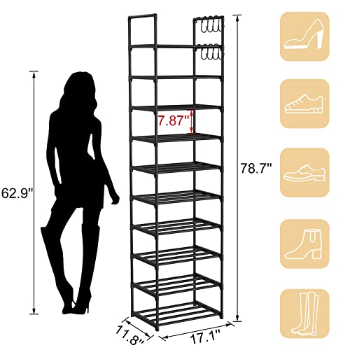 ROJASOP Tall Shoe Rack 10 Tiers Narrow Shoe Rack 20-24 Pairs Vertical Shoe Rack Space Saving Stackable Tall Shoe Rack for Closet Entryway Durable Shoe Shelf Storage Metal Shoe Tower with 8 Hooks