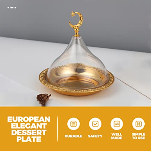 ULTECHNOVO Eid Mubarak Cake Stand with Dome Lid Cloche Golden Vintage Ramadan Kareem Serving Tray Cupcake Server Dessert Plate Eid Plates Islam Platter Ramadan Mubarak Eid Party Supplies