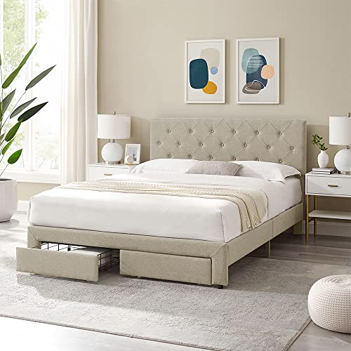 GOOD & GRACIOUS Beige Full Size Bed Frame, Platform Bed with Upholstered & Tufted Headboard and Frame with Storage Drawers