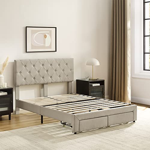 GOOD & GRACIOUS Beige Full Size Bed Frame, Platform Bed with Upholstered & Tufted Headboard and Frame with Storage Drawers