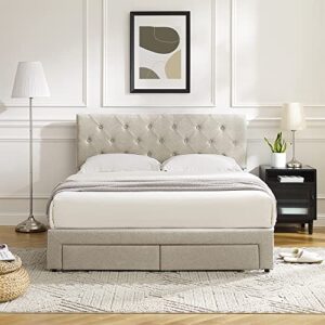 GOOD & GRACIOUS Beige Full Size Bed Frame, Platform Bed with Upholstered & Tufted Headboard and Frame with Storage Drawers