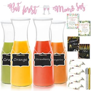 mimosa bar supplies decorations kit - 4 glass carafes and brunch decors, 34oz juice containers with lids and floral bubbly bar sign for baby shower bridal shower birthday party