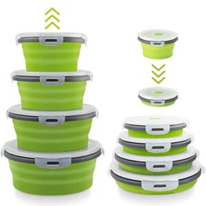 collapsible bowls for camping, set of 4 silicone food storage containers with lids, rv storage and organization, rv kitchen accessories, bpa free, microwavable, freezer, dishwasher safe green