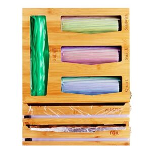 foil and plastic wrap organizer with ziplock bag storage organizer for kitchen drawer,bamboo wood foil dispenser with cutter, food bag holders for sandwich, snack, gallon, quart bags