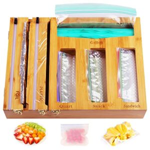 Foil and Plastic Wrap Organizer with Ziplock Bag Storage Organizer for Kitchen Drawer,Bamboo Wood Foil Dispenser with Cutter, Food Bag Holders for Sandwich, Snack, Gallon, Quart Bags