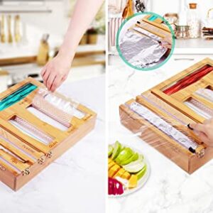 Foil and Plastic Wrap Organizer with Ziplock Bag Storage Organizer for Kitchen Drawer,Bamboo Wood Foil Dispenser with Cutter, Food Bag Holders for Sandwich, Snack, Gallon, Quart Bags