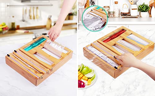 Foil and Plastic Wrap Organizer with Ziplock Bag Storage Organizer for Kitchen Drawer,Bamboo Wood Foil Dispenser with Cutter, Food Bag Holders for Sandwich, Snack, Gallon, Quart Bags