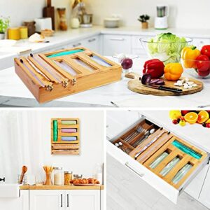 Foil and Plastic Wrap Organizer with Ziplock Bag Storage Organizer for Kitchen Drawer,Bamboo Wood Foil Dispenser with Cutter, Food Bag Holders for Sandwich, Snack, Gallon, Quart Bags