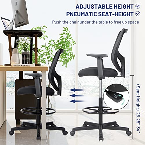 Tall Office Chair, Drafting Chair, High Adjustable Standing Desk Chair, Ergonomic Mesh Computer Task Table Chairs with Adjustable Armrests and Foot-Ring for Standing Desk and Bar Height Desk