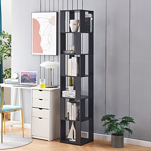 RVEE Rotating Bookshelf 360°, 6 Tier Corner Bookcase for Living Room Floor Bookcase Wooden Bookshelf Home Office Corner Tall Bookcase (Black Walnut)