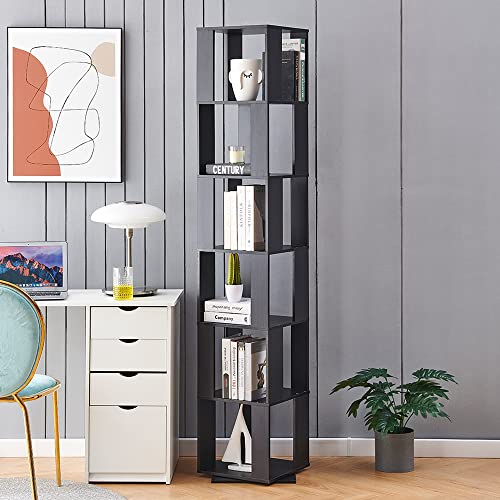 RVEE Rotating Bookshelf 360°, 6 Tier Corner Bookcase for Living Room Floor Bookcase Wooden Bookshelf Home Office Corner Tall Bookcase (Black Walnut)