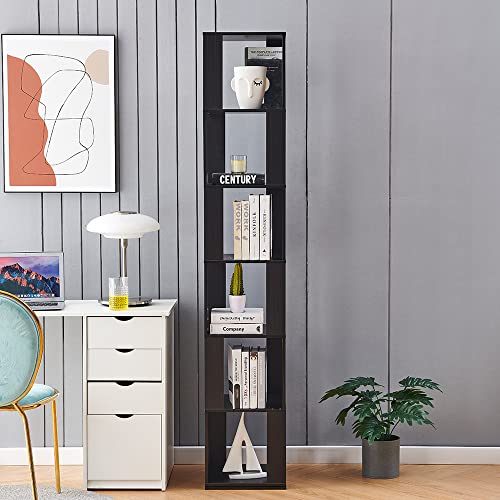 RVEE Rotating Bookshelf 360°, 6 Tier Corner Bookcase for Living Room Floor Bookcase Wooden Bookshelf Home Office Corner Tall Bookcase (Black Walnut)